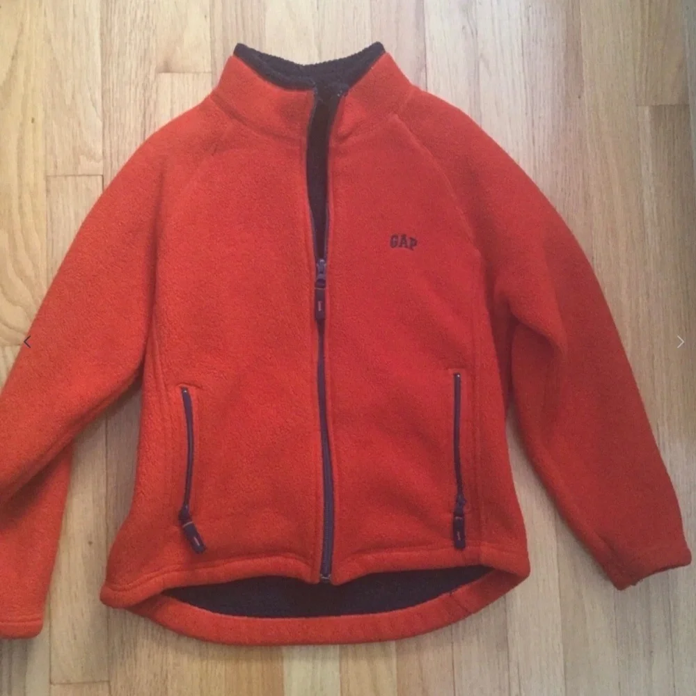 GAP Boy Fleece Jacket Size 7 8 Thick Zip Up Orange Navy Fall Winter